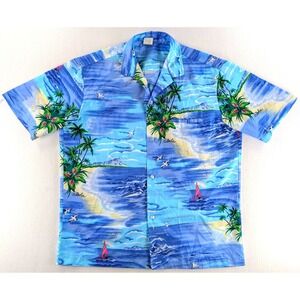 Creation Hawaii Mens Large Blue Tropical Aloha Print Camp Shirt L